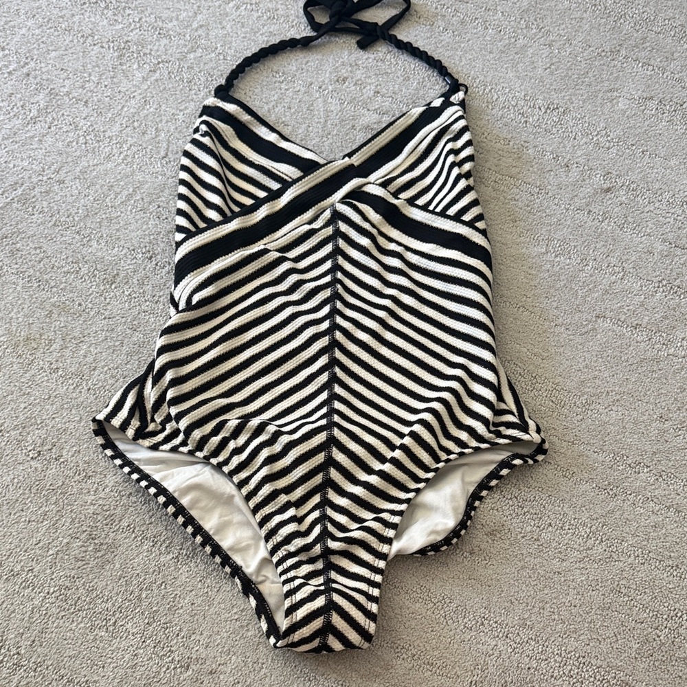 Robin Piccone Black and White Striped Swim One-Piece with Gold Trim